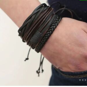 4 men's bracelets leather layered braided brown‎ new d94